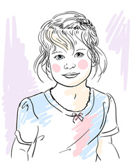little girl portrait hand drawn, vector sketch child