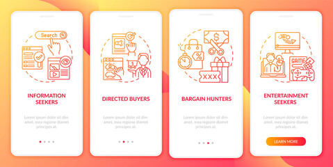 Internet buyer behavior onboarding mobile app page screen with concepts. Goal-focused consumers walkthrough 4 steps graphic instructions. UI, UX, GUI vector template with linear color illustrations