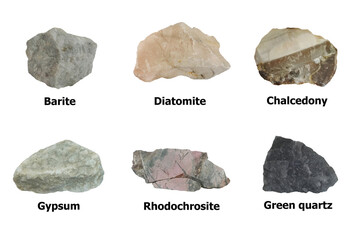 Collection of mineral rock stones including Barite, Diatomite, Chalcedony, Gypsum, Rhodochrosite...