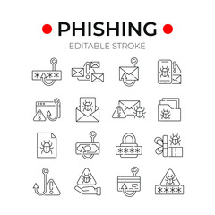 Phishing linear icons set. Spam. Hacking. Thin line customizable illustration. Contour symbol. Vector isolated outline drawing. Editable stroke