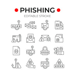 Fototapeta premium Phishing linear icons set. Spam. Hacking. Thin line customizable illustration. Contour symbol. Vector isolated outline drawing. Editable stroke