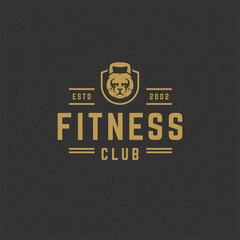 Fitness logo or badge vector illustration kettlebell as lion head sport equipment symbol silhouette