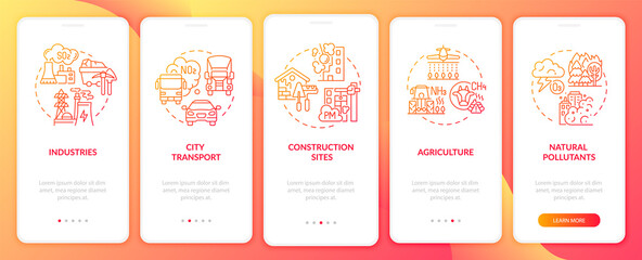 Fototapeta na wymiar Surrounding air pollution onboarding mobile app page screen with concepts. Agriculture, nature walkthrough 5 steps graphic instructions. UI, UX, GUI vector template with linear color illustrations