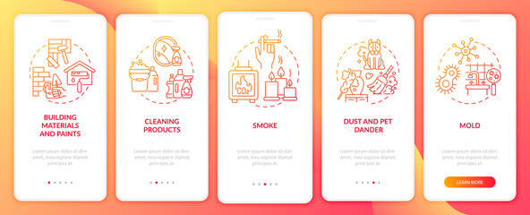 Household air pollutants onboarding mobile app page screen with concepts. Cleaning products, smoke walkthrough 5 steps graphic instructions. UI, UX, GUI vector template with linear color illustrations