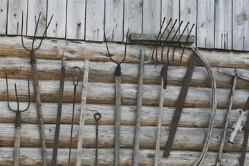 The pitchfork is iron. Hand tools for agriculture in Russia. 