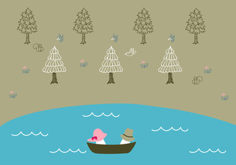 北欧風の針葉樹の森、湖のボートに乗る帽子をかぶったカップルの線画背景イラスト（ベクター・モスグリーン系）