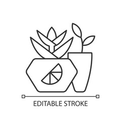 Branded plant pot linear icon. Unique place for growing plants and flowers. Thin line customizable illustration. Contour symbol. Vector isolated outline drawing. Editable stroke