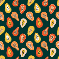 Colors pattern with slices of papaya, passion-fruit on green. Hand-drawn exotic fruit pieces in lrepeating background. Fruity ornament for textile prints and fabric designs.