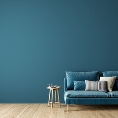 Modern interior design of living room with blue sofa  and empty mock up wall background 3D...