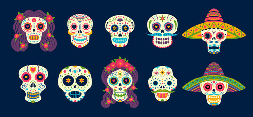 Cartoon Color Day of The Dead Skull Sign Icons Set. Vector