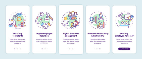 Company culture benefits onboarding mobile app page screen with concepts. Top talents, engagement walkthrough 5 steps graphic instructions. UI, UX, GUI vector template with linear color illustrations