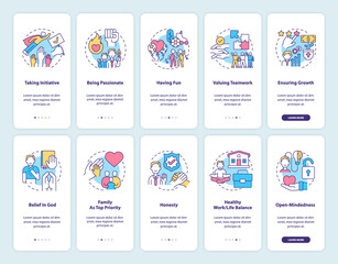 Personal, corporate values onboarding mobile app page screen with concepts set. Teamwork, family walkthrough 5 steps graphic instructions. UI, UX, GUI vector template with linear color illustrations