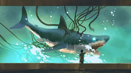  vrouw die naar de experimentele haai in een groot aquarium kijkt, digitale kunststijl, illustratie, schilderkunst © grandfailure