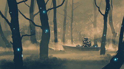man in a protection suit rowing a boat in poison swamp, digital art style, illustration painting © grandfailure