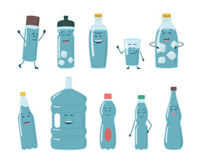 Cartoon Color Characters Funny Big and Small Bottles Set. Vector