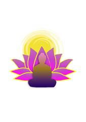 Bessak Day with lotus vector design for a Buddhist holiday.Buddha statue silhouette with sun and lotus flower background.