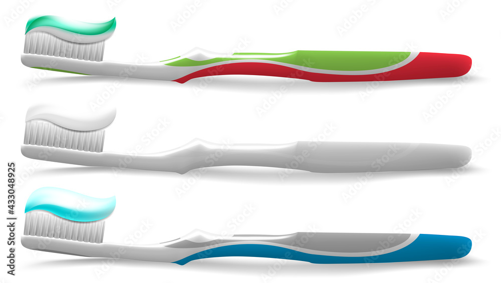 Sticker Realistic Detailed 3d Toothbrush with Toothpaste Set. Vector