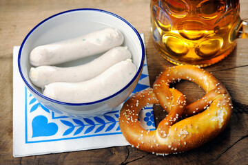 Weisswuerschte, Pretzel and beer