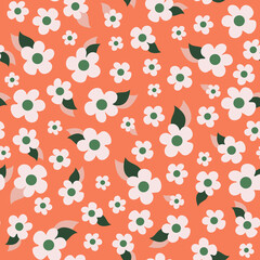 Retro style abstract ditsy daisy seamless repeat pattern. Random placed botany flower elements all over surface print graphic on orange background.