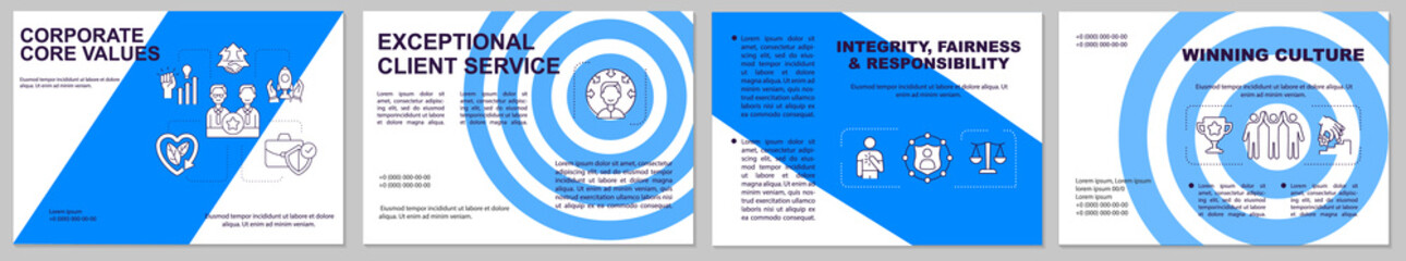 Corporate core values brochure template. Winning culture. Flyer, booklet, leaflet print, cover design with linear icons. Vector layouts for presentation, annual reports, advertisement pages