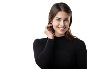 Studio portrai of beautiful young woman with brow hair and green eyes