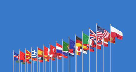 The 30 waving Flags of NATO Countries - North Atlantic Treaty. Isolated on sky background  - 3D illustration.