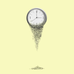 Clock falls apart, on a yellow background. Dispersion effect. The concept of the passing time....