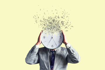 Businessman with a disintegrating clock instead of a head. Dispersion effect. Lack of time. Waste of time. Business. Lifestyle. - obrazy, fototapety, plakaty