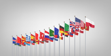 The 30 waving Flags of NATO Countries - North Atlantic Treaty. Isolated on grey background  - 3D illustration.