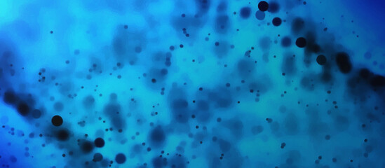 Dark particles bokeh on a blue background. Wide panoramic view. Artistic work