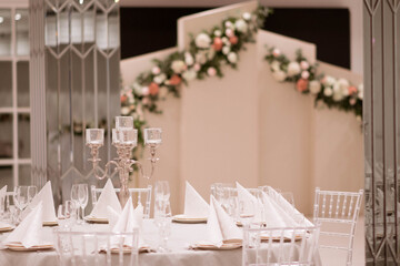 wedding backdrop with flower and decoration. Wedding day.
