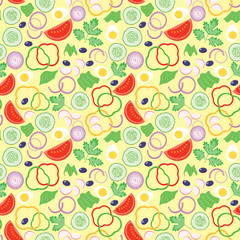 yellow seamless pattern with tomatoes and cucumbers and onion and eggs - vector illustration