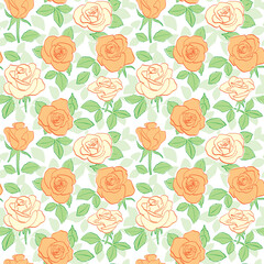 white seamless pattern with blooming roses and leaves - vector floral background