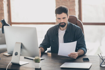 Photo portrait of young recruiter keeping agreement cv searching information on computer