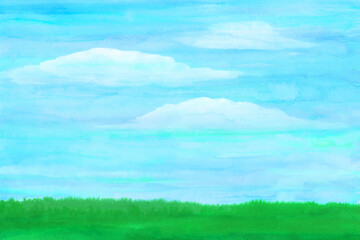 Fototapeta na wymiar 緑の草原と青空水彩画