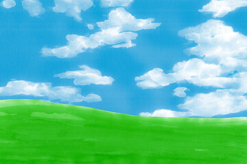 Fototapeta na wymiar 緑の草原と青空水彩画