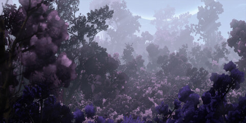 Colorful fantasy forest. Abstract imaginary plants. Vivid concept art scenery. 2d illustration.