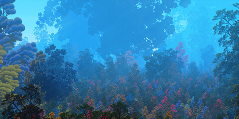 Fototapeta na wymiar Colorful fantasy forest. Abstract imaginary plants. Vivid concept art scenery. 2d illustration.