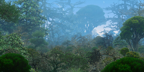 Colorful fantasy forest. Abstract imaginary plants. Vivid concept art scenery. 2d illustration.