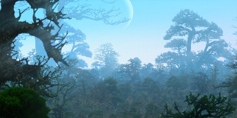 Fototapeta premium Colorful fantasy forest. Abstract imaginary plants. Vivid concept art scenery. 2d illustration.
