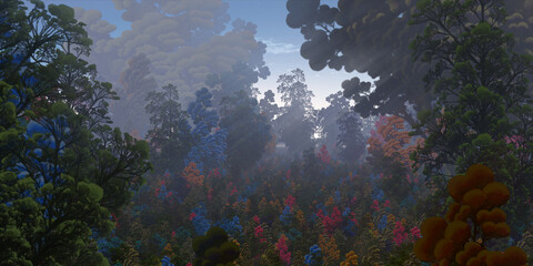 Fototapeta na wymiar Colorful fantasy forest. Imaginary plants. Dense haze. Vivid concept art scenery. 2d illustration.