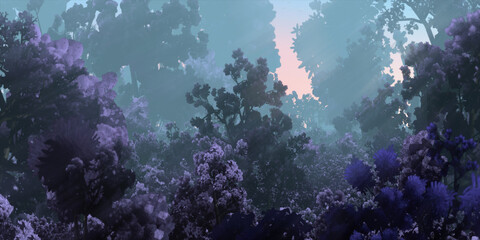 Obraz na płótnie Canvas Colorful fantasy forest. Imaginary plants. Dense haze. Vivid concept art scenery. 2d illustration.