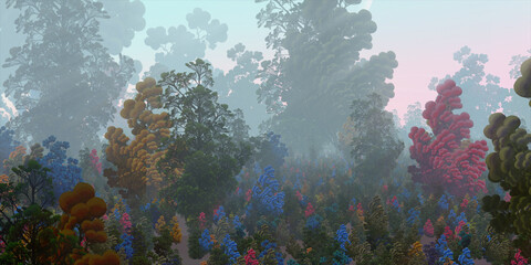 Fototapeta na wymiar Colorful fantasy forest. Imaginary plants. Dense haze. Vivid concept art scenery. 2d illustration.