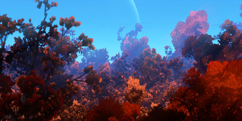 Colorful fantasy forest. Imaginary plants. Dense haze. Vivid concept art scenery. 2d illustration.