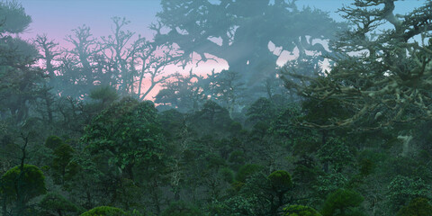 Colorful fantasy forest. Imaginary plants. Dense haze. Vivid concept art scenery. 2d illustration.