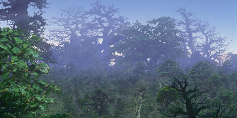 Colorful fantasy forest. Imaginary plants. Dense haze. Vivid concept art scenery. 2d illustration.