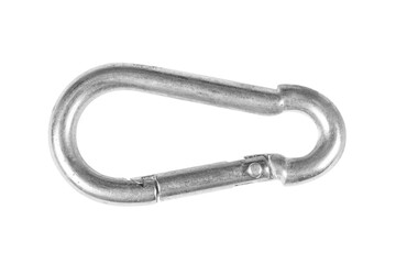 Macro shot metal carabiner on a screw isolated on a white background. Stainless steel safety carabiner isolated with clipping path.