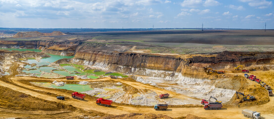 Quarry, mining and construction, excavators and trucks, view from above