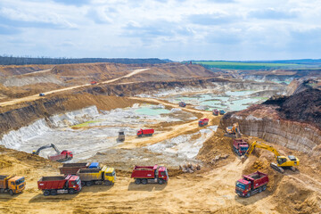 Quarry, mining and construction, excavators and trucks, view from above