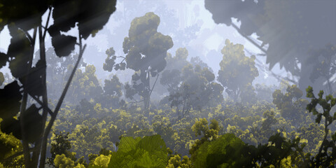 Colorful fantasy forest. Abstract imaginary plants. Vivid concept art scenery. 2d illustration.